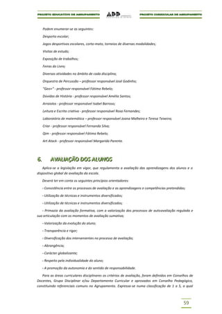 Podem enumerar-se as seguintes:

      Desporto escolar;

      Jogos desportivos escolares, corta-mato, torneios de diversas modalidades;

      Visitas de estudo;

      Exposição de trabalhos;

      Feiras do Livro;

      Diversas atividades no âmbito de cada disciplina;

      Orquestra de Percussão – professor responsável José Godinho;

      “Geo+“ - professor responsável Fátima Rebelo;

      Dúvidas de História - professor responsável Amélia Santos;

      Arraiolos - professor responsável Isabel Barroso;

      Leitura e Escrita criativa - professor responsável Rosa Fernandes;

      Laboratório de matemática – professor responsável Joana Malheiro e Teresa Teixeira;

      Criar - professor responsável Fernanda Silva;

      Qim - professor responsável Fátima Rebelo;

      Art Atack - professor responsável Margarida Parente.




6..
6          AVALIIAÇÃO DOS ALUNOS
           AVAL AÇÃO DOS ALUNOS
    Aplica-se a legislação em vigor, que regulamenta a avaliação das aprendizagens dos alunos e o
dispositivo global de avaliação da escola.

      Deverá ter em conta os seguintes princípios orientadores:

      - Consistência entre os processos de avaliação e as aprendizagens e competências pretendidas;

      - Utilização de técnicas e instrumentos diversificados;

      - Utilização de técnicas e instrumentos diversificados;

   - Primazia da avaliação formativa, com a valorização dos processos de autoavaliação regulada e
sua articulação com os momentos de avaliação sumativa;

      - Valorização da evolução do aluno;

      - Transparência e rigor;

      - Diversificação dos intervenientes no processo de avaliação;

      - Abrangência;

      - Carácter globalizante;

      - Respeito pela individualidade do aluno;

      - A promoção da autonomia e do sentido de responsabilidade.

   Para as áreas curriculares disciplinares os critérios de avaliação, foram definidos em Conselhos de
Docentes, Grupo Disciplinar e/ou Departamento Curricular e aprovados em Conselho Pedagógico,
constituindo referenciais comuns no Agrupamento. Expressa-se numa classificação de 1 a 5, a qual



                                                                                                 59
 