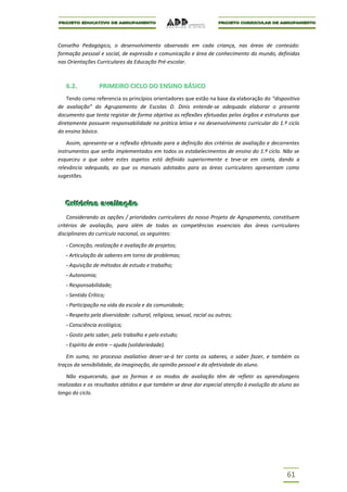 Conselho Pedagógico, o desenvolvimento observado em cada criança, nas áreas de conteúdo:
formação pessoal e social, de expressão e comunicação e área de conhecimento do mundo, definidas
nas Orientações Curriculares da Educação Pré-escolar.



   6.2.           PRIMEIRO CICLO DO ENSINO BÁSICO
    Tendo como referencia os princípios orientadores que estão na base da elaboração do “dispositivo
de avaliação” do Agrupamento de Escolas D. Dinis entende-se adequado elaborar o presente
documento que tenta registar de forma objetiva as reflexões efetuadas pelos órgãos e estruturas que
diretamente possuem responsabilidade na prática letiva e no desenvolvimento curricular do 1.º ciclo
do ensino básico.

    Assim, apresenta-se a reflexão efetuada para a definição dos critérios de avaliação e decorrentes
instrumentos que serão implementados em todos os estabelecimentos de ensino do 1.º ciclo. Não se
esqueceu o que sobre estes aspetos está definido superiormente e teve-se em conta, dando a
relevância adequada, ao que os manuais adotados para as áreas curriculares apresentam como
sugestões.



  Criitériios avalliiação
  Cr tér os ava ação
    Considerando as opções / prioridades curriculares do nosso Projeto de Agrupamento, constituem
critérios de avaliação, para além de todas as competências essenciais das áreas curriculares
disciplinares do currículo nacional, os seguintes:

   - Conceção, realização e avaliação de projetos;
   - Articulação de saberes em torno de problemas;
   - Aquisição de métodos de estudo e trabalho;
   - Autonomia;
   - Responsabilidade;
   - Sentido Crítico;
   - Participação na vida da escola e da comunidade;
   - Respeito pela diversidade: cultural, religiosa, sexual, racial ou outras;
   - Consciência ecológica;
   - Gosto pelo saber, pelo trabalho e pelo estudo;
   - Espírito de entre – ajuda (solidariedade).

    Em suma, no processo avaliativo dever-se-á ter conta os saberes, o saber fazer, e também os
traços da sensibilidade, da imaginação, da opinião pessoal e da afetividade do aluno.

   Não esquecendo, que as formas e os modos de avaliação têm de refletir as aprendizagens
realizadas e os resultados obtidos e que também se deve dar especial atenção à evolução do aluno ao
longo do ciclo.




                                                                                               61
 