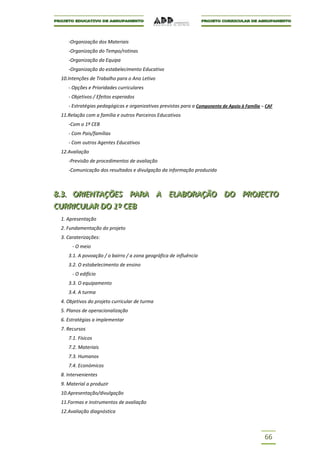 -Organização dos Materiais
    -Organização do Tempo/rotinas
    -Organização da Equipa
    -Organização do estabelecimento Educativo
 10.Intenções de Trabalho para o Ano Letivo
    - Opções e Prioridades curriculares
    - Objetivos / Efeitos esperados
    - Estratégias pedagógicas e organizativas previstas para a Componente de Apoio à Família – CAF
 11.Relação com a família e outros Parceiros Educativos
    -Com o 1º CEB
    - Com Pais/famílias
    - Com outros Agentes Educativos
 12.Avaliação
    -Previsão de procedimentos de avaliação
    -Comunicação dos resultados e divulgação da informação produzida



8..3.. ORIIENTAÇÕES PARA A ELABORAÇÃO DO PROJJECTO
8 3 OR ENTAÇÕES PARA A ELABORAÇÃO DO PRO ECTO
CURRIICULAR DO 1º CEB
CURR CULAR DO 1º CEB
 1. Apresentação
 2. Fundamentação do projeto
 3. Caraterizações:
      - O meio
    3.1. A povoação / o bairro / a zona geográfica de influência
    3.2. O estabelecimento de ensino
      - O edifício
    3.3. O equipamento
    3.4. A turma
 4. Objetivos do projeto curricular de turma
 5. Planos de operacionalização
 6. Estratégias a implementar
 7. Recursos
    7.1. Físicos
    7.2. Materiais
    7.3. Humanos
    7.4. Económicos
 8. Intervenientes
 9. Material a produzir
 10.Apresentação/divulgação
 11.Formas e instrumentos de avaliação
 12.Avaliação diagnóstica



                                                                                              66
 