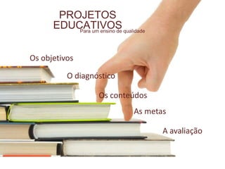 PROJETOS
      EDUCATIVOS qualidade
          Para um ensino de




Os objetivos

          O diagnóstico

                  Os conteúdos
                          As metas

                                 A avaliação
 