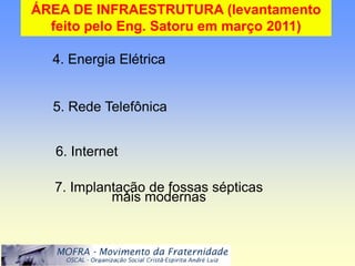 ÁREA DE INFRAESTRUTURA (levantamento
  feito pelo Eng. Satoru em março 2011)

  4. Energia Elétrica


  5. Rede Telefônica


   6. Internet

   7. Implantação de fossas sépticas
            mais modernas
 