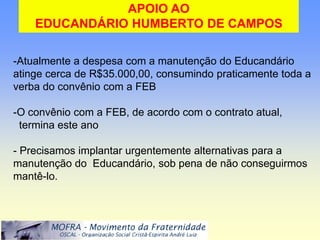 APOIO AO
    EDUCANDÁRIO HUMBERTO DE CAMPOS

-Atualmente a despesa com a manutenção do Educandário
atinge cerca de R$35.000,00, consumindo praticamente toda a
verba do convênio com a FEB

-O convênio com a FEB, de acordo com o contrato atual,
 termina este ano

- Precisamos implantar urgentemente alternativas para a
manutenção do Educandário, sob pena de não conseguirmos
mantê-lo.
 