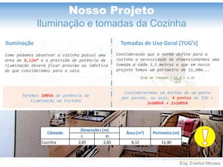 Eng. Everton Moraes
Nosso Projeto
Iluminação e tomadas da Cozinha
Iluminação
Como podemos observar a cozinha possui uma
área de 8,12m² e a previsão de potência de
iluminação deverá ficar próximo ou idêntica
do que consideramos para a sala
Teremos 100VA de potência de
iluminação na Cozinha
Qtde de Tomadas = 11,4 = 2,36
3,5
Considerando que a norma define para a
cozinha a necessidade de dimensionarmos uma
tomada a cada 3,5 metros e que em nosso
projeto temos um perímetro de 11,40m...
Consideraremos um mínimo de um ponto
por parede, ou seja, 4 pontos de TUG =
3x600VA + 1x100VA
L H
Cozinha 2,85 2,85 8,12 11,40
Cômodo
Dimensões (m)
Área (m²) Perímetro (m)
Tomadas de Uso Geral [TUG’s]
 
