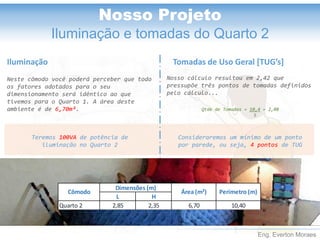 Eng. Everton Moraes
Nosso Projeto
Iluminação e tomadas do Quarto 2
Iluminação
Neste cômodo você poderá perceber que todo
os fatores adotados para o seu
dimensionamento será idêntico ao que
tivemos para o Quarto 1. A área deste
ambiente é de 6,70m².
Teremos 100VA de potência de
iluminação no Quarto 2
Qtde de Tomadas = 10,4 = 2,08
5
Nosso cálculo resultou em 2,42 que
pressupõe três pontos de tomadas definidos
pelo cálculo...
Consideraremos um mínimo de um ponto
por parede, ou seja, 4 pontos de TUG
Tomadas de Uso Geral [TUG’s]
L H
Quarto 1 3,35 2,70 9,05 12,10
Cômodo
Dimensões (m)
Área (m²) Perímetro (m)
L H
Quarto 2 2,85 2,35 6,70 10,40
Cômodo
Dimensões (m)
Área (m²) Perímetro (m)
 