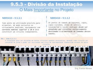Eng. Everton Moraes
NBR5410 – 9.5.3.1
Todo ponto de utilização previsto para
alimentar, de modo exclusivo ou
virtualmente dedicado, equipamento com
corrente nominal superior a 10 A deve
constituir um circuito independente.
Os pontos de tomada de cozinhas, copas,
copas-cozinhas, áreas de serviço,
lavanderias e locais análogos devem ser
atendidos por circuitos exclusivamente
destinados à alimentação de tomadas desses
locais.
Obs.: Item 4.2.5.1
A instalação deve ser dividida em tantos circuitos quantos necessários, devendo cada circuito ser
concebido de forma a poder ser seccionado sem risco de realimentação inadvertida através de outro
circuito.
NBR5410 – 9.5.3.2
9.5.3 - Divisão da Instalação
O Mais Importante no Projeto
 