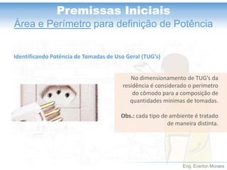 Eng. Everton Moraes 
Premissas Iniciais 
Área e Perímetropara definição de Potência 
No dimensionamento de TUG’sda residência é considerado o perímetro do cômodo para acomposição de quantidades mínimas de tomadas. 
Obs.: cada tipo de ambiente é tratado de maneira distinta. 
Identificando Potência de Tomadas de Uso Geral (TUG’s)  