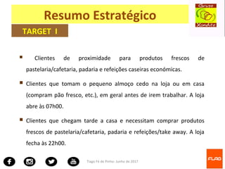Tiago Fé de Pinho- Junho de 2017
 Clientes de proximidade para produtos frescos de
pastelaria/cafetaria, padaria e refeições caseiras económicas.
 Clientes que tomam o pequeno almoço cedo na loja ou em casa
(compram pão fresco, etc.), em geral antes de irem trabalhar. A loja
abre às 07h00.
 Clientes que chegam tarde a casa e necessitam comprar produtos
frescos de pastelaria/cafetaria, padaria e refeições/take away. A loja
fecha às 22h00.
Resumo Estratégico
TARGET I
 