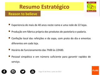 Tiago Fé de Pinho- Junho de 2017
Resumo Estratégico
Reason to believe
 Experiencia de mais de 40 anos neste ramo e uma rede de 22 lojas.
 Produção em fábrica própria dos produtos de pastelaria e padaria.
 Confeção local das refeições e da sopa, com prato do dia e ementas
diferentes em cada loja.
 Horário de funcionamento das 7h00 às 22h00.
 Pessoal simpático e em número suficiente para garantir rapidez de
serviço.
 