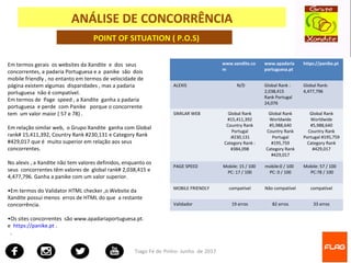 Tiago Fé de Pinho- Junho de 2017
ANÁLISE DE CONCORRÊNCIA
www.xandite.co
m
www.apadaria
portuguesa.pt
https://panike.pt
ALEXIS N/D Global Rank :
2,038,415
Rank Portugal
24,076
Global Rank:
4,477,796
SIMILAR WEB Global Rank
#15,411,392
Country Rank
Portugal
:#230,131
Category Rank :
#384,098
Global Rank
Worldwide
#5,988,640
Country Rank
Portugal
#195,759
Category Rank
#429,017
Global Rank
Worldwide
#5,988,640
Country Rank
Portugal #195,759
Category Rank
#429,017
PAGE SPEED Mobile: 15 / 100
PC: 17 / 100
mobile:0 / 100
PC: 0 / 100
Mobile: 57 / 100
PC:78 / 100
MOBILE FRIENDLY compatível Não compatível compatível
Validador 19 erros 82 erros 33 erros
POINT OF SITUATION ( P.O.S)
Em termos gerais os websites da Xandite e dos seus
concorrentes, a padaria Portuguesa e a panike são dois
mobile friendly , no entanto em termos de velocidade de
página existem algumas disparidades , mas a padaria
portuguesa não é compatível.
Em termos de Page speed , a Xandite ganha a padaria
portuguesa e perde com Panike porque o concorrente
tem um valor maior ( 57 e 78) .
Em relação similar web, o Grupo Xandite ganha com Global
rank# 15,411,392, Country Rank #230,131 e Category Rank
#429,017 que é muito superior em relação aos seus
concorrentes.
No alexis , a Xandite não tem valores definidos, enquanto os
seus concorrentes têm valores de global rank# 2,038,415 e
4,477,796. Ganha a panike com um valor superior.
•Em termos do Validator HTML checker ,o Website da
Xandite possui menos erros de HTML do que a restante
concorrência.
•Os sites concorrentes são www.apadariaportuguesa.pt.
e https://panike.pt .
.
 