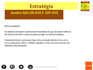 Tiago Fé de Pinho- Junho de 2017
Estratégia
Analise SEO ON SITE E OFF SITE
Recomendações:
As tabelas anteriores representam exemplos do que se pode melhorar
em termos de SEO e o que se pode corrigir ao nível do website.
É absolutamente crucial que haja uma correcção destes erros um a
um a curto prazo. Mas a melhor solução é criar um novo site de raiz,
referido anteriormente.
 