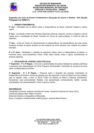 E.M. ANTENOR GOMES VIANA JÚNIOR
Avenida Santos Dumont, S/N. Bairro Seriema.
CEP: 65.602-310. Caxias – MA
E-mail: antenorviana@bol.com.br
ESTADO DO MARANHÃO
PREFEITURA MUNICIPAL DE CAXIAS
SECRETARIA MUNICIPAL DE EDUCAÇÃO,
CIÊNCIAS E TECNOLOGIA – SEMECT
E.M. ANTENOR GOMES VIANA JÚNIOR
Sugestões por anos do Ensino Fundamental e Educação de Jovens e Adultos - EJA (Gestão
Pedagógica da SEMECT):
• ENSINO FUNDAMENTAL
5º Ano – Montagem de um Álbum sobre a Independência do Brasil, contendo imagens e textos;
Jogral.
6º Ano – Confecção criativa dos Símbolos Nacionais (pinturas, desenho, recorte e colagem); Uso de
mapas para a localização do Brasil, montado em forma de quebra-cabeça; A moda de sete de
setembro.
7º Ano – Linha do Tempo do Descobrimento à Independência, da Independência aos dias atuais;
Cartazes de fatos da época alusivos ao fato histórico de forma artística com material de sucata e
reciclado.
8º e 9º Anos – Montagem e exibição de pequenos vídeos sobre a Independência do Brasil e o
momento atual, numa perspectiva crítica; Vídeo sobre Caxias, antes e agora, considerando os
diversos aspectos.
• EDUCAÇÃO DE JOVENS E ADULTOS (EJA)
1º Segmento - 1ª e 2ª Etapas – Concurso e apresentação de poesia; Seleção de canções patrióticas
e populares para apresentação de Coral; Pequena dramatização; Confecção de escultura de barro
sobre a Independência do Brasil.
2º Segmento - 3ª e 4ª Etapas – Pesquisa sobre a biografia das pessoas importantes da
Independência do Brasil e nomes de pessoas que vêm elevando o nome do Brasil com seu trabalho,
seja no esporte, artes, e fixar no Mural “Vultos da História do Brasil e Pessoas Importantes”;
Caracterizar essa personalidade; Realizar uma apresentação contextualizada: desfile, musical,
dramatização com passarela/palco, fundo musical e cenário.
REFERÊNCIAS
Cartografias invisíveis: saberes e sentires de Caxias. Academia Caxiense de Letras (ACL).
Caxias das Aldeias Altas. Milson Coutinho.
Dicionário Histórico e Geográfico do Maranhão.
Entre a Tradição e a Modernidade a Belle Époque. Jordania Maria Pessoa.
 
