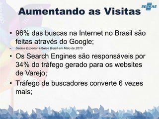 Aumentando as Visitas96% das buscas na Internet no Brasil são feitas através do Google;Serasa ExperianHitwise Brasil em Maio de 2010Os Search Engines são responsáveis por 34% do tráfego gerado para os websites de Varejo;Tráfego de buscadores converte 6 vezes mais;
