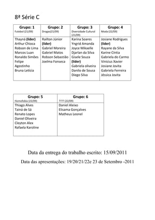 8ª Série C
   Grupo: 1             Grupo: 2               Grupo: 3               Grupo: 4
Futebol (21/09)     Drogas(21/09)         Diversidade Cultural   Moda (22/09)
                                          (21/09)
Thayná (líder)      Railton Júnior        Karina Soares          Josiane Rodrigues
Arthur Chioca       (líder)               Yngrid Amanda          (líder)
Robson de Lima      Gabriel Moreira       Joyce Mikaelle         Rayane da Silva
Marcos Luan         Gabriel Matos         Djarlan da Silva       Karine Cíntia
Ronaldo Simões      Robson Sebastião      Gisele Souza           Gabriela do Carmo
Felipe              Joelma Fonseca        (líder)                Vinicius Xavier
Agostinho                                 Gabriela oliveira      Josiane Jovita
Bruna Letícia                             Danilo de Sousa        Gabriela Ferreira
                                          Diego Silva            Jéssica Jovita




          Grupo: 5                         Grupo: 6
Homofobia (22/09)               ???? (22/09)
Thiago Alves                    Daniel Aleixo
Tainá de Sá                     Elisama Gonçalves
Renato Lopes                    Matheus Leonel
Daniel Oliveira
Cleyton Alex
Rafaela Karoline




          Data da entrega do trabalho escrito: 15/09/2011
     Data das apresentações: 19/20/21/22e 23 de Setembro -2011
 