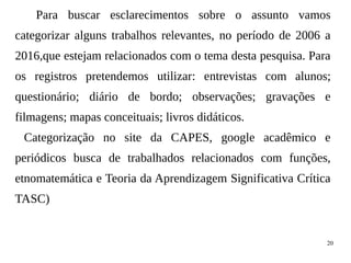 20
Para buscar esclarecimentos sobre o assunto vamos
categorizar alguns trabalhos relevantes, no período de 2006 a
2016,que estejam relacionados com o tema desta pesquisa. Para
os registros pretendemos utilizar: entrevistas com alunos;
questionário; diário de bordo; observações; gravações e
filmagens; mapas conceituais; livros didáticos.
Categorização no site da CAPES, google acadêmico e
periódicos busca de trabalhados relacionados com funções,
etnomatemática e Teoria da Aprendizagem Significativa Crítica
TASC)
 
