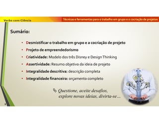 Técnicas e ferramentas para o trabalho em grupo e a cocriação de projetos
Sumário:
• Desmistificar o trabalho em grupo e a cocriação de projeto
• Projeto de empreendedorismo
• Criatividade: Modelo dos três Disney e DesignThinking
• Assertividade: Resumo objetivo da ideia de projeto
• Integralidade descritiva: descrição completa
• Integralidade financeira: orçamento completo
2
 Questione, aceite desafios,
explore novas ideias, divirta-se…
 