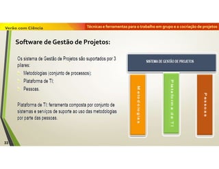 Técnicas e ferramentas para o trabalho em grupo e a cocriação de projetos
33
Software de Gestão de Projetos:
 