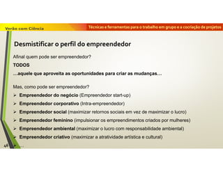 Técnicas e ferramentas para o trabalho em grupo e a cocriação de projetos
Afinal quem pode ser empreendedor?
TODOS
…aquele que aproveita as oportunidades para criar as mudanças…
Mas, como pode ser empreendedor?
 Empreendedor do negócio (Empreendedor start-up)
 Empreendedor corporativo (Intra-empreendedor)
 Empreendedor social (maximizar retornos sociais em vez de maximizar o lucro)
 Empreendedor feminino (impulsionar os empreendimentos criados por mulheres)
 Empreendedor ambiental (maximizar o lucro com responsabilidade ambiental)
 Empreendedor criativo (maximizar a atratividade artística e cultural)
 …46
Desmistificar o perfil do empreendedor
 