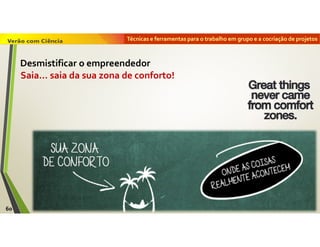 Técnicas e ferramentas para o trabalho em grupo e a cocriação de projetos
Saia… saia da sua zona de conforto!
60
Desmistificar o empreendedor
 