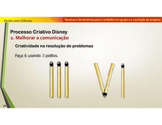 Técnicas e ferramentas para o trabalho em grupo e a cocriação de projetos
Criatividade na resolução de problemas
Faça 6 usando 3 palitos.
2. Melhorar a comunicação
70
Processo Criativo Disney
 