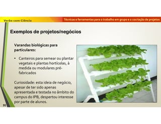 Técnicas e ferramentas para o trabalho em grupo e a cocriação de projetos
Varandas biológicas para
particulares:
• Canteiros para semear ou plantar
vegetais e plantas hortícolas, à
medida ou modulares pré-
fabricados
Curiosidade: esta ideia de negócio,
apesar de ter sido apenas
apresentada e testada no âmbito do
campus do IPB, despertou interesse
por parte de alunos.
95
Exemplos de projetos/negócios
 