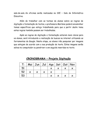 sala de aula. As oficinas serão realizadas na SIE – Sala de Informática
Educativa.
Além de trabalhar com as turmas de alunos sobre as regras de
digitação e formatação de textos, a professora Marilene poderá encaminhar
temas específicos que esteja trabalhando para que a partir deste tema
estas regras também possam ser trabalhadas.
Após as regras de digitação e formatação estarem mais claras para
os alunos, será introduzido a realização de buscas na internet utilizando as
ferramentas do Google. Nesta etapa, os alunos irão pesquisar por imagens
que estejam de acordo com a sua produção de texto. Estas imagens serão
salvas no computador ou pendriver e em seguida inseridas no texto.
CRONOGRAMA – Projeto Digitação
T: Mai Jun Jul Ago Set Out Nov
51 x x x x
52 x x x x
53 x x x x
 