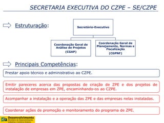 SECRETARIA EXECUTIVA DO CZPE – SE/CZPE
Estruturação:
Principais Competências:
Prestar apoio técnico e administrativo ao CZPE.
Secretário-Executivo
Coordenação Geral de
Análise de Projetos
(CGAP)
Coordenação Geral de
Planejamento, Normas e
Fiscalização
(CGPNF)
Emitir pareceres acerca das propostas de criação de ZPE e dos projetos de
instalação de empresas em ZPE, encaminhando-os ao CZPE.
Acompanhar a instalação e a operação das ZPE e das empresas nelas instaladas.
Coordenar ações de promoção e monitoramento do programa de ZPE.
 