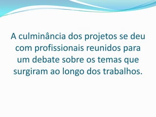 A culminância dos projetos se deu com profissionais reunidos para um debate sobre os temas que surgiram ao longo dos trabalhos.