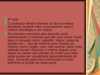 4ª aula
O professor deverá orientar os alunos nessa
atividade, levando eles a perceberem qual a
melhor estratégia a ser usada.
No primeiro momento eles deverão estar
selecionando o material que irão usar como: base
para a maquete como: papelão, isopor, caixa de
sapato etc..., tipo de material para fixação do
mesmo como: argila, cola, cola quente. Após essa
seleção devem observar o melhor ângulo para
dispor as partes das plantas de modo que cada
parte possa ser visualizada separadamente do
todo. Iniciando pela raiz e terminado no fruto
definindo a função de cada parte.

 
