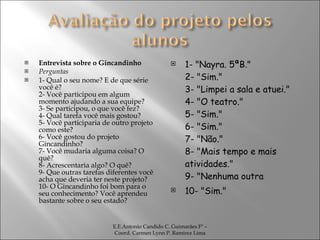 Entrevista sobre o Gincandinho Perguntas 1- Qual o seu nome? E de que série você é? 2- Você participou em algum momento ajudando a sua equipe? 3- Se participou, o que você fez? 4- Qual tarefa você mais gostou? 5- Você participaria de outro projeto como este? 6- Você gostou do projeto Gincandinho? 7- Você mudaria alguma coisa? O quê? 8- Acrescentaria algo? O quê? 9- Que outras tarefas diferentes você acha que deveria ter neste projeto? 10- O Gincandinho foi bom para o seu conhecimento? Você aprendeu bastante sobre o seu estado? 1- "Nayra. 5ªB." 2- "Sim." 3- "Limpei a sala e atuei." 4- "O teatro." 5- "Sim." 6- "Sim." 7- "Não." 8- "Mais tempo e mais atividades." 9- "Nenhuma outra  10- "Sim." E.E.Antonio Candido C. Guimarães Fº – Coord. Carmen Lynn P. Ramirez Lima 