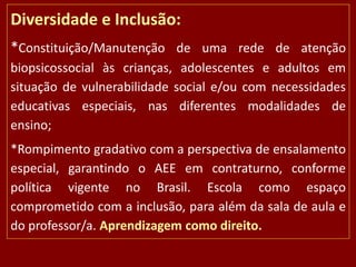 Diversidade e Inclusão:
*Constituição/Manutenção de uma rede de atenção
biopsicossocial às crianças, adolescentes e adultos em
situação de vulnerabilidade social e/ou com necessidades
educativas especiais, nas diferentes modalidades de
ensino;
*Rompimento gradativo com a perspectiva de ensalamento
especial, garantindo o AEE em contraturno, conforme
política vigente no Brasil. Escola como espaço
comprometido com a inclusão, para além da sala de aula e
do professor/a. Aprendizagem como direito.

 