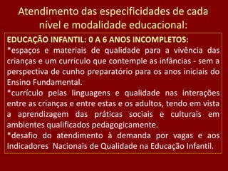 Atendimento das especificidades de cada
nível e modalidade educacional:
EDUCAÇÃO INFANTIL: 0 A 6 ANOS INCOMPLETOS:
*espaços e materiais de qualidade para a vivência das
crianças e um currículo que contemple as infâncias - sem a
perspectiva de cunho preparatório para os anos iniciais do
Ensino Fundamental.
*currículo pelas linguagens e qualidade nas interações
entre as crianças e entre estas e os adultos, tendo em vista
a aprendizagem das práticas sociais e culturais em
ambientes qualificados pedagogicamente.
*desafio do atendimento à demanda por vagas e aos
Indicadores Nacionais de Qualidade na Educação Infantil.

 