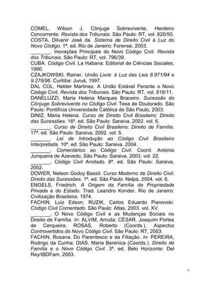 6
COMEL, Wilson J. Cônjuge Sobrevivente, Herdeiro
Concorrente. Revista dos Tribunais. São Paulo: RT, vol. 820/50.
COSTA, Dilvanir José da. Sistema de Direito Civil à Luz do
Novo Código. 1ª. ed. Rio de Janeiro: Forense, 2003.
_______. Inovações Principais do Novo Código Civil. Revista
dos Tribunais. São Paulo: RT, vol. 796/39.
CUBA. Código Civil. La Habana: Editorial de Ciências Sociales,
1990.
CZAJKOWSKI, Rainer. União Livre: à Luz das Leis 8.971/94 e
9.278/96. Curitiba: Juruá, 1997.
DAL COL, Helder Martinez. A União Estável Perante o Novo
Código Civil. Revista dos Tribunais. São Paulo: RT, vol. 818/11.
DANELUZZI, Maria Helena Marques Braceiro. Sucessão do
Cônjuge Sobrevivente no Código Civil. Tese de Doutorado. São
Paulo: Pontifícia Universidade Católica de São Paulo, 2003.
DINIZ, Maria Helena. Curso de Direito Civil Brasileiro: Direito
das Sucessões. 16ª. ed. São Paulo: Saraiva, 2002. vol. 6.
_______. Curso de Direito Civil Brasileiro: Direito de Família.
17ª. ed. São Paulo: Saraiva, 2002. vol. 5.
_______. Lei de Introdução ao Código Civil Brasileiro
Interpretada. 10ª. ed. São Paulo: Saraiva, 2004.
_______. Comentários ao Código Civil. Coord. António
Junqueira de Azevedo, São Paulo: Saraiva, 2003. vol. 22.
_______. Código Civil Anotado. 8ª. ed. São Paulo: Saraiva,
2002.
DOWER, Nelson Godoy Bassil. Curso Moderno de Direito Civil:
Direito das Sucessões. 1ª. ed. São Paulo: Nelpa, 2004. vol. 6.
ENGELS, Friedrich. A Origem da Família da Propriedade
Privada e do Estado. Trad. Leandro Konder. Rio de Janeiro:
Civilização Brasileira, 1974.
FACHIN, Luiz Edson; RUZIK, Carlos Eduardo Pianovski.
Código Civil Comentado. São Paulo: Atlas, 2003. vol. XV.
_______. O Novo Código Civil e as Mudanças Sociais no
Direito de Família. In: ALVIM, Arruda; CÉSAR, Joaquim Portes
de Cerqueira; ROSAS, Roberto (Coords.). Aspectos
Controvertidos do Novo Código Civil. São Paulo: RT, 2003.
FACHIN, Rosana. Do Parentesco e da Filiação. In: PEREIRA,
Rodrigo da Cunha; DIAS, Maria Berenica (Coords.). Direito de
Família e o Novo Código Civil. 3ª. ed. Belo Horizonte: Del
Rey/IBDFam, 2003.
 