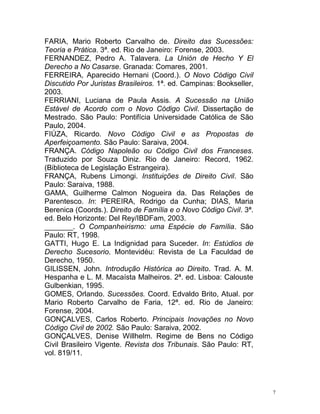 7
FARIA, Mario Roberto Carvalho de. Direito das Sucessões:
Teoria e Prática. 3ª. ed. Rio de Janeiro: Forense, 2003.
FERNANDEZ, Pedro A. Talavera. La Unión de Hecho Y El
Derecho a No Casarse. Granada: Comares, 2001.
FERREIRA, Aparecido Hernani (Coord.). O Novo Código Civil
Discutido Por Juristas Brasileiros. 1ª. ed. Campinas: Bookseller,
2003.
FERRIANI, Luciana de Paula Assis. A Sucessão na União
Estável de Acordo com o Novo Código Civil. Dissertação de
Mestrado. São Paulo: Pontifícia Universidade Católica de São
Paulo, 2004.
FIÚZA, Ricardo. Novo Código Civil e as Propostas de
Aperfeiçoamento. São Paulo: Saraiva, 2004.
FRANÇA. Código Napoleão ou Código Civil dos Franceses.
Traduzido por Souza Diniz. Rio de Janeiro: Record, 1962.
(Biblioteca de Legislação Estrangeira).
FRANÇA, Rubens Limongi. Instituições de Direito Civil. São
Paulo: Saraiva, 1988.
GAMA, Guilherme Calmon Nogueira da. Das Relações de
Parentesco. In: PEREIRA, Rodrigo da Cunha; DIAS, Maria
Berenica (Coords.). Direito de Família e o Novo Código Civil. 3ª.
ed. Belo Horizonte: Del Rey/IBDFam, 2003.
_______. O Companheirismo: uma Espécie de Família. São
Paulo: RT, 1998.
GATTI, Hugo E. La Indignidad para Suceder. In: Estúdios de
Derecho Sucesorio. Montevidéu: Revista de La Faculdad de
Derecho, 1950.
GILISSEN, John. Introdução Histórica ao Direito. Trad. A. M.
Hespanha e L. M. Macaísta Malheiros. 2ª. ed. Lisboa: Calouste
Gulbenkian, 1995.
GOMES, Orlando. Sucessões. Coord. Edvaldo Brito, Atual. por
Mario Roberto Carvalho de Faria, 12ª. ed. Rio de Janeiro:
Forense, 2004.
GONÇALVES, Carlos Roberto. Principais Inovações no Novo
Código Civil de 2002. São Paulo: Saraiva, 2002.
GONÇALVES, Denise Willhelm. Regime de Bens no Código
Civil Brasileiro Vigente. Revista dos Tribunais. São Paulo: RT,
vol. 819/11.
 
