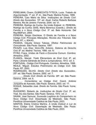 11
PERELMAN, Chaim; OLBRECHTS-TYTECA, Lucie. Tratado da
Argumentação. 1ª. ed. 3ª. tir., São Paulo: Martins Fontes, 1999.
PEREIRA, Caio Mário da Silva. Instituições de Direito Civil:
Direito das Sucessões. 15ª. ed. Atual. Carlos Roberto Barbosa
Moreira, Rio de Janeiro: Forense, 2004. vol. VI.
PEREIRA, Rodrigo da Cunha. Da União Estável. In: PEREIRA,
Rodrigo da Cunha; DIAS, Maria Berenica (Coords.). Direito de
Família e o Novo Código Civil. 3ª. ed. Belo Horizonte: Del
Rey/IBDFam, 2003.
PEREIRA, Sérgio Gischkow. O Direito de Família e o Novo
Código Civil: Principais Alterações. Revista dos Tribunais. São
Paulo: RT, v. 804/43.
PESSOA, Cláudia Grieco Tabosa. Efeitos Patrimoniais do
Concubinato. São Paulo: Saraiva, 1997.
PICAZO, Luis Díez; GULLÓN, Antonio. Sistema de Derecho
Civil. 6ª. ed. Madrid: Tecnos, 1995. vol. IV.
PITÃO, Fraca. Uniões de Facto e Economia Comum. Coimbra:
Almedina, 2002.
PLANIOL, Marcel. Traité Élémentaire de Droit Civil. 6ª. ed.
Paris: Librairie Générale de Droit e Jurisprudence, 1913. vol. 3.
PORTUGAL. Código Civil Português. Coimbra: Almedina, 1998.
REALE, Miguel. Estudos Preliminares do Código Civil. São
Paulo: RT, 2003.
RODRIGUES, SILVIO. Direito Civil: Direito das Sucessões.,
25ª. ed. São Paulo: Saraiva, 2002. vol. 7.
_______. Direito Civil: Direito de Família. 28ª. ed. São Paulo:
Saraiva, 2004. vol. 6.
_______. Comentários ao Código Civil. Coord. António
Junqueira de Azevedo, São Paulo: Saraiva, 2003. vol. 17.
ROQUE, Sebastião José. Direito de Família. São Paulo: Ícone,
1994.
RUGGIERO, Roberto de. Instituições de Direito Civil. 3ª. ed.
Trad. Ary dos Santos. São Paulo: Saraiva, 1972. vol. 2.
SAIANI, José Samurai. Sucessão Legítima do Companheiro no
Novo Código Civil. Dissertação de Mestrado. São Paulo:
Pontifícia Universidade Católica de São Paulo, 2003.
SANTOS, Elaine Cristina Martins. A União Estável à Luz do
Novo Código Civil. Dissertação de Mestrado. São Paulo:
Pontifícia Universidade Católica de São Paulo, 2003.
 
