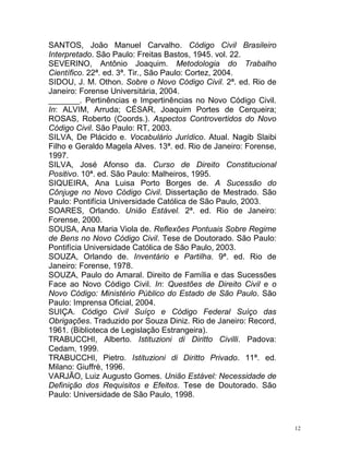 12
SANTOS, João Manuel Carvalho. Código Civil Brasileiro
Interpretado. São Paulo: Freitas Bastos, 1945. vol. 22.
SEVERINO, Antônio Joaquim. Metodologia do Trabalho
Científico. 22ª. ed. 3ª. Tir., São Paulo: Cortez, 2004.
SIDOU, J. M. Othon. Sobre o Novo Código Civil. 2ª. ed. Rio de
Janeiro: Forense Universitária, 2004.
_______. Pertinências e Impertinências no Novo Código Civil.
In: ALVIM, Arruda; CÉSAR, Joaquim Portes de Cerqueira;
ROSAS, Roberto (Coords.). Aspectos Controvertidos do Novo
Código Civil. São Paulo: RT, 2003.
SILVA, De Plácido e. Vocabulário Jurídico. Atual. Nagib Slaibi
Filho e Geraldo Magela Alves. 13ª. ed. Rio de Janeiro: Forense,
1997.
SILVA, José Afonso da. Curso de Direito Constitucional
Positivo. 10ª. ed. São Paulo: Malheiros, 1995.
SIQUEIRA, Ana Luisa Porto Borges de. A Sucessão do
Cônjuge no Novo Código Civil. Dissertação de Mestrado. São
Paulo: Pontifícia Universidade Católica de São Paulo, 2003.
SOARES, Orlando. União Estável. 2ª. ed. Rio de Janeiro:
Forense, 2000.
SOUSA, Ana Maria Viola de. Reflexões Pontuais Sobre Regime
de Bens no Novo Código Civil. Tese de Doutorado. São Paulo:
Pontifícia Universidade Católica de São Paulo, 2003.
SOUZA, Orlando de. Inventário e Partilha. 9ª. ed. Rio de
Janeiro: Forense, 1978.
SOUZA, Paulo do Amaral. Direito de Família e das Sucessões
Face ao Novo Código Civil. In: Questões de Direito Civil e o
Novo Código: Ministério Público do Estado de São Paulo. São
Paulo: Imprensa Oficial, 2004.
SUIÇA. Código Civil Suíço e Código Federal Suíço das
Obrigações. Traduzido por Souza Diniz. Rio de Janeiro: Record,
1961. (Biblioteca de Legislação Estrangeira).
TRABUCCHI, Alberto. Istituzioni di Diritto Civilli. Padova:
Cedam, 1999.
TRABUCCHI, Pietro. Istituzioni di Diritto Privado. 11ª. ed.
Milano: Giuffrè, 1996.
VARJÃO, Luiz Augusto Gomes. União Estável: Necessidade de
Definição dos Requisitos e Efeitos. Tese de Doutorado. São
Paulo: Universidade de São Paulo, 1998.
 