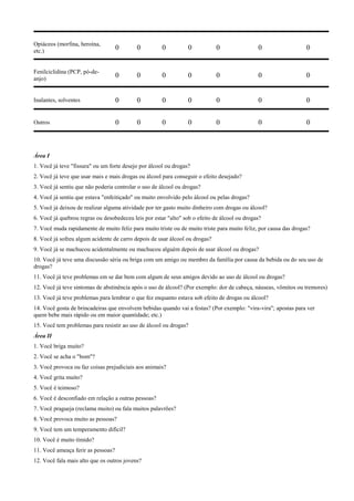 Opiáceos (morfina, heroína,
etc.)
0 0 0 0 0 0 0
Fenilciclidina (PCP, pó-de-
anjo)
0 0 0 0 0 0 0
Inalantes, solventes 0 0 0 0 0 0 0
Outros 0 0 0 0 0 0 0
Área I
1. Você já teve "fissura" ou um forte desejo por álcool ou drogas?
2. Você já teve que usar mais e mais drogas ou álcool para conseguir o efeito desejado?
3. Você já sentiu que não poderia controlar o uso de álcool ou drogas?
4. Você já sentiu que estava "enfeitiçado" ou muito envolvido pelo álcool ou pelas drogas?
5. Você já deixou de realizar alguma atividade por ter gasto muito dinheiro com drogas ou álcool?
6. Você já quebrou regras ou desobedeceu leis por estar "alto" sob o efeito de álcool ou drogas?
7. Você muda rapidamente de muito feliz para muito triste ou de muito triste para muito feliz, por causa das drogas?
8. Você já sofreu algum acidente de carro depois de usar álcool ou drogas?
9. Você já se machucou acidentalmente ou machucou alguém depois de usar álcool ou drogas?
10. Você já teve uma discussão séria ou briga com um amigo ou membro da família por causa da bebida ou do seu uso de
drogas?
11. Você já teve problemas em se dar bem com algum de seus amigos devido ao uso de álcool ou drogas?
12. Você já teve sintomas de abstinência após o uso de álcool? (Por exemplo: dor de cabeça, náuseas, vômitos ou tremores)
13. Você já teve problemas para lembrar o que fez enquanto estava sob efeito de drogas ou álcool?
14. Você gosta de brincadeiras que envolvem bebidas quando vai a festas? (Por exemplo: "vira-vira"; apostas para ver
quem bebe mais rápido ou em maior quantidade; etc.)
15. Você tem problemas para resistir ao uso de álcool ou drogas?
Área II
1. Você briga muito?
2. Você se acha o "bom"?
3. Você provoca ou faz coisas prejudiciais aos animais?
4. Você grita muito?
5. Você é teimoso?
6. Você é desconfiado em relação a outras pessoas?
7. Você pragueja (reclama muito) ou fala muitos palavrões?
8. Você provoca muito as pessoas?
9. Você tem um temperamento difícil?
10. Você é muito tímido?
11. Você ameaça ferir as pessoas?
12. Você fala mais alto que os outros jovens?
 