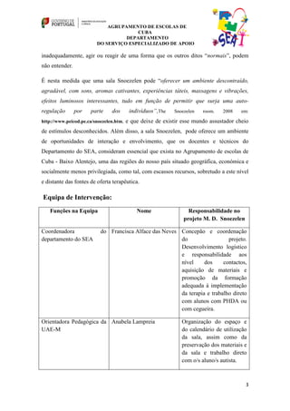 AGRUPAMENTO DE ESCOLAS DE
                                       CUBA
                                   DEPARTAMENTO
                         DO SERVIÇO ESPECIALIZADO DE APOIO

inadequadamente, agir ou reagir de uma forma que os outros ditos “normais”, podem
não entender.

É nesta medida que uma sala Snoezelen pode “oferecer um ambiente descontraído,
agradável, com sons, aromas cativantes, experiências táteis, massagens e vibrações,
efeitos luminosos interessantes, tudo em função de permitir que surja uma auto-
regulação       por   parte     dos       indivíduos”,The   Snoezelen   room.   2008    em:

http://www.peicod.pe.ca/snoezelen.htm,   e que deixe de existir esse mundo assustador cheio
de estímulos desconhecidos. Além disso, a sala Snoezelen, pode oferece um ambiente
de oportunidades de interação e envolvimento, que os docentes e técnicos do
Departamento do SEA, consideram essencial que exista no Agrupamento de escolas de
Cuba - Baixo Alentejo, uma das regiões do nosso país situado geográfica, económica e
socialmente menos privilegiada, como tal, com escassos recursos, sobretudo a este nível
e distante das fontes de oferta terapêutica.

Equipa de Intervenção:
   Funções na Equipa                         Nome                 Responsabilidade no
                                                                projeto M. D. Snoezelen

Coordenadora               do Francisca Alface das Neves Concepão e coordenação
departamento do SEA                                      do                  projeto.
                                                         Desenvolvimento logístico
                                                         e responsabilidade aos
                                                         nível     dos     contactos,
                                                         aquisição de materiais e
                                                         promoção da formação
                                                         adequada à implementação
                                                         da terapia e trabalho direto
                                                         com alunos com PHDA ou
                                                         com cegueira.

Orientadora Pedagógica da Anabela Lampreia                     Organização do espaço e
UAE-M                                                          do calendário de utilização
                                                               da sala, assim como da
                                                               preservação dos materiais e
                                                               da sala e trabalho direto
                                                               com o/s aluno/s autista.



                                                                                          3
 