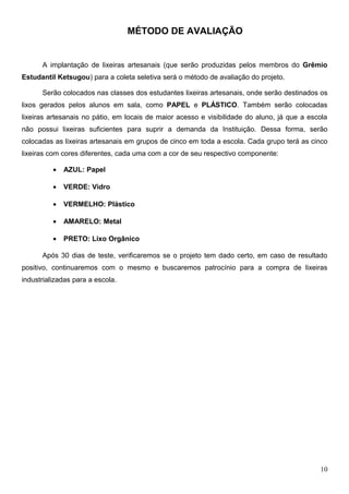 MÉTODO DE AVALIAÇÃO


      A implantação de lixeiras artesanais (que serão produzidas pelos membros do Grêmio
Estudantil Ketsugou) para a coleta seletiva será o método de avaliação do projeto.

      Serão colocados nas classes dos estudantes lixeiras artesanais, onde serão destinados os
lixos gerados pelos alunos em sala, como PAPEL e PLÁSTICO. Também serão colocadas
lixeiras artesanais no pátio, em locais de maior acesso e visibilidade do aluno, já que a escola
não possui lixeiras suficientes para suprir a demanda da Instituição. Dessa forma, serão
colocadas as lixeiras artesanais em grupos de cinco em toda a escola. Cada grupo terá as cinco
lixeiras com cores diferentes, cada uma com a cor de seu respectivo componente:

          •   AZUL: Papel

          •   VERDE: Vidro

          •   VERMELHO: Plástico

          •   AMARELO: Metal

          •   PRETO: Lixo Orgânico

      Após 30 dias de teste, verificaremos se o projeto tem dado certo, em caso de resultado
positivo, continuaremos com o mesmo e buscaremos patrocínio para a compra de lixeiras
industrializadas para a escola.




                                                                                             10
 