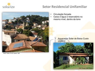 Setor Residencial Unifamiliar
fonte: Renato Cesar Pereira
Santa Teresa, Rio de Janeiro, 500l
• Circulação forçada
• Caixa d´água e reservatório no
mesmo nível, dentro da torre
• Aquecedor Solar de Baixo Custo
(ASBC)
 