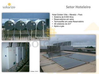 Setor Hoteleiro
Hotel Golden Ville – Marabá – Pará
• Sistema de 8.000 litros
• Reservatórios em série
• Termossifão em cada Reservatório
• 36 coletores de 2m²
• Apoio a gás
Cortesia: VALIC
 