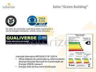 Selos “Green Building”
Os selos de construção sustentável estão incentivando o
uso de energias renováveis, criando novos mercados.
Instrução Normativa MPOG/SLTI Nº 2/2014:
• Obras federais de construção ou reforma devem
alcançar Etiqueta Nacional de Conservação de
Energia (ENCE) classe A
• Energia solar pontua como bonificação
 