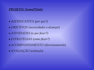 PROJETO: Nome/Título JUSTIFICATIVA (por que?) OBJETIVOS (necessidades a alcançar) ATIVIDADES (o que fazer?) ESTRATÉGIAS (como fazer?) ACOMPANHAMENTO (direcionamento) AVALIAÇÃO (estímulo) 