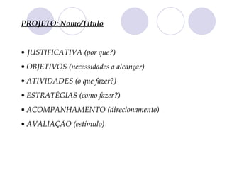 PROJETO: Nome/Título


• JUSTIFICATIVA (por que?)
• OBJETIVOS (necessidades a alcançar)
• ATIVIDADES (o que fazer?)
• ESTRATÉGIAS (como fazer?)
• ACOMPANHAMENTO (direcionamento)
• AVALIAÇÃO (estímulo)
 