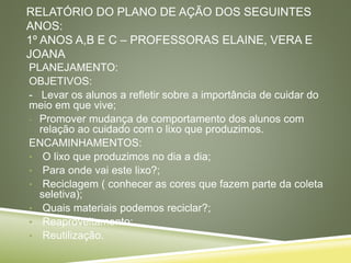 RELATÓRIO DO PLANO DE AÇÃO DOS SEGUINTES
ANOS:
1º ANOS A,B E C – PROFESSORAS ELAINE, VERA E
JOANA
PLANEJAMENTO:
OBJETIVOS:
- Levar os alunos a refletir sobre a importância de cuidar do
meio em que vive;
- Promover mudança de comportamento dos alunos com
relação ao cuidado com o lixo que produzimos.
ENCAMINHAMENTOS:
• O lixo que produzimos no dia a dia;
• Para onde vai este lixo?;
• Reciclagem ( conhecer as cores que fazem parte da coleta
seletiva);
• Quais materiais podemos reciclar?;
• Reaproveitamento;
• Reutilização.
 