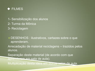  FILMES
1- Sensibilização dos alunos
2- Turma da Mônica
3- Reciclagem
DESENHOS : ilustrativos, cartazes sobre o que
aprenderam.
Arrecadação de material reciclagens – trazidos pelos
alunos.
Separação deste material (de acordo com que
aprenderam em sala de aula).
Multiplicação desta idéia em outras salas de aula.
 