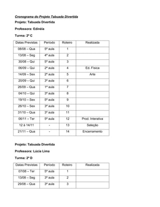 Cronograma do Projeto Tabuada Divertida
Projeto: Tabuada Divertida

Professora: Edinéia

Turma: 2º C

Datas Previstas   Período       Roteiro     Realizada

 08/08 – Qua          5ª aula      1

  13/08 – Seg         4ª aula      2

  30/08 – Qui         5ª aula      3

  06/09 – Qui         2ª aula      4        Ed. Física

  14/09 – Sex         2ª aula      5           Arte

  20/09 – Qui         3ª aula      6

 26/09 – Qua          1ª aula      7

  04/10 – Qui         3ª aula      8

  19/10 – Sex         5ª aula      9

  26/10 – Sex         3ª aula     10

 31/10 – Qua          3º aula     11

  06/11 – Ter         5ª aula     12      Prod. Interativa

  12 à 14/11             -        13         Seleção

 21/11 – Qua             -        14      Encerramento



Projeto: Tabuada Divertida

Professora: Lúcia Lima

Turma: 2º D

Datas Previstas   Período       Roteiro     Realizada

  07/08 – Ter         5ª aula      1

  13/08 – Seg         3ª aula      2

 29/08 – Qua          3ª aula      3
 