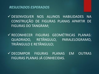 RESULTADOS ESPERADOS

 DESENVOLVER NOS ALUNOS HABILIDADES NA
  CONSTRUÇÃO DE FIGURAS PLANAS APARTIR DE
  FIGURAS DO TANGRAM;

 RECONHECER FIGURAS GEOMÉTRICAS PLANAS:
  QUADRADO, RETÂNGULO, PARALELOGRAMO,
  TRIÂNGULO E RETÂNGULO;

 DECOMPOR FIGURAS PLANAS         EM   OUTRAS
  FIGURAS PLANAS JÁ CONHECIDAS.
 