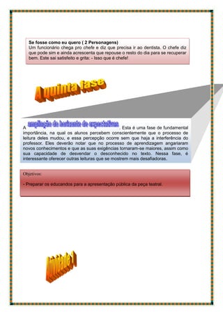 Se fosse como eu quero ( 2 Personagens)
Um funcionário chega pro chefe e diz que precisa ir ao dentista. O chefe diz
que pode sim e ainda acrescenta que repouse o resto do dia para se recuperar
bem. Este sai satisfeito e grita: - Isso que é chefe!
A . Esta é uma fase de fundamental
importância, na qual os alunos percebem conscientemente que o processo de
leitura deles mudou, e essa percepção ocorre sem que haja a interferência do
professor. Eles deverão notar que no processo de aprendizagem angariaram
novos conhecimentos e que as suas exigências tornaram-se maiores, assim como
sua capacidade de desvendar o desconhecido no texto. Nessa fase, é
interessante oferecer outras leituras que se mostrem mais desafiadoras.
Objetivos:
- Preparar os educandos para a apresentação pública da peça teatral.
 