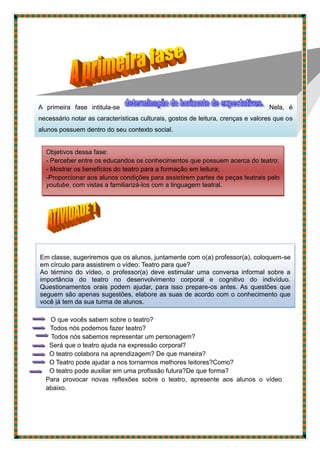 http://patlins.blogspot.com.br/2013/12/al
O que vocês sabem sobre o teatro?
Todos nós podemos fazer teatro?
Todos nós sabemos representar um personagem?
Será que o teatro ajuda na expressão corporal?
O teatro colabora na aprendizagem? De que maneira?
O Teatro pode ajudar a nos tornarmos melhores leitores?Como?
O teatro pode auxiliar em uma profissão futura?De que forma?
Para provocar novas reflexões sobre o teatro, apresente aos alunos o vídeo
abaixo.
Em classe, sugeriremos que os alunos, juntamente com o(a) professor(a), coloquem-se
em círculo para assistirem o vídeo: Teatro para que?
Ao término do vídeo, o professor(a) deve estimular uma conversa informal sobre a
importância do teatro no desenvolvimento corporal e cognitivo do indivíduo.
Questionamentos orais podem ajudar, para isso prepare-os antes. As questões que
seguem são apenas sugestões, elabore as suas de acordo com o conhecimento que
você já tem da sua turma de alunos.
A primeira fase intitula-se Nela, é
necessário notar as características culturais, gostos de leitura, crenças e valores que os
alunos possuem dentro do seu contexto social.
Objetivos dessa fase:
- Perceber entre os educandos os conhecimentos que possuem acerca do teatro;
- Mostrar os benefícios do teatro para a formação em leitura;
-Proporcionar aos alunos condições para assistirem partes de peças teatrais pelo
youtube, com vistas a familiarizá-los com a linguagem teatral.
 