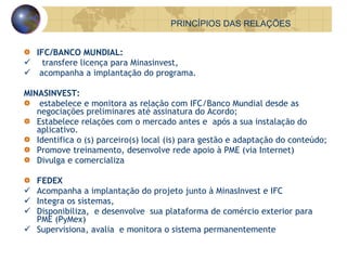IFC/BANCO MUNDIAL:   transfere licença para Minasinvest, acompanha a implantação do programa. MINASINVEST: estabelece e monitora as relação com IFC/Banco Mundial desde as negociações preliminares até assinatura do Acordo; Estabelece relações com o mercado antes e  após a sua instalação do aplicativo. Identifica o (s) parceiro(s) local (is) para gestão e adaptação do conteúdo; Promove treinamento, desenvolve rede apoio à PME (via Internet) Divulga e comercializa FEDEX Acompanha a implantação do projeto junto à MinasInvest e IFC Integra os sistemas,  Disponibiliza,  e desenvolve  sua plataforma de comércio exterior para PME (PyMex) Supervisiona, avalia  e monitora o sistema permanentemente PRINCÍPIOS DAS RELAÇÕES 
